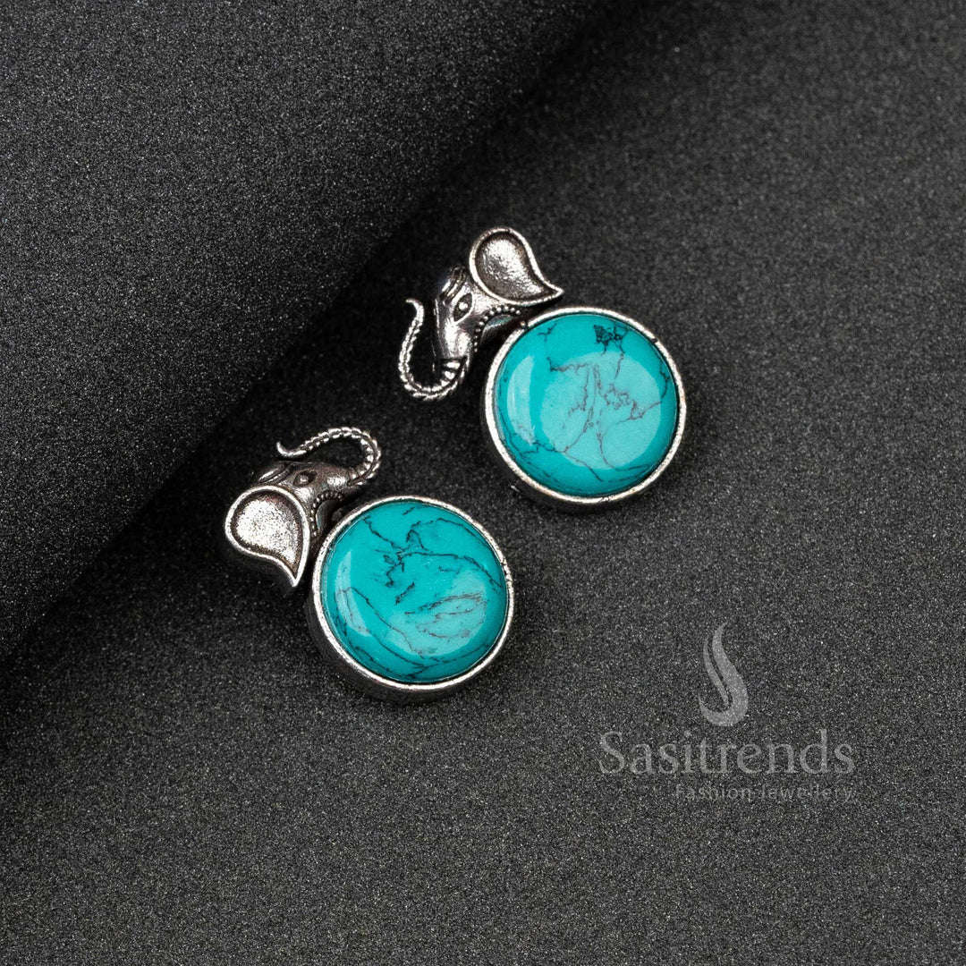 Bohemian Turquoise Oxidised Silver Elephant Earrings Adorned With Folk-Inspired Design And Monalisa Stones – A Handcrafted Ethnic Jewellery Treasure - Sasitrends