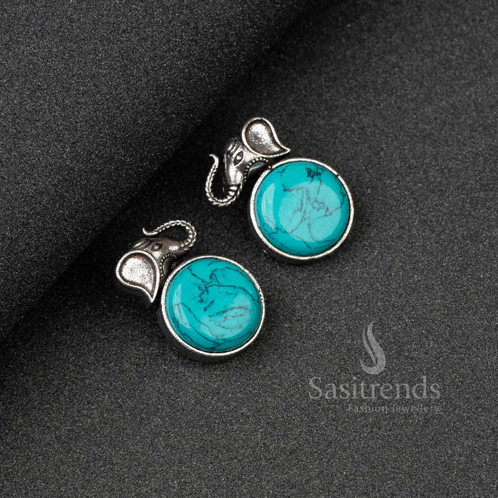 Bohemian Turquoise Oxidised Silver Elephant Earrings Adorned With Folk-Inspired Design And Monalisa Stones – A Handcrafted Ethnic Jewellery Treasure - Sasitrends