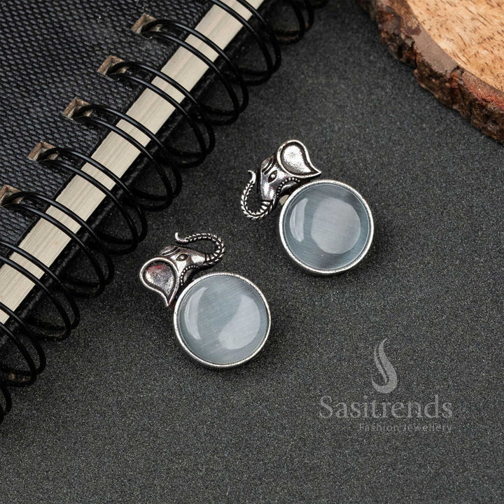 Elegant White Oxidised Silver Elephant Earrings With Antique Carving And Monalisa Glow – A Classical Ethnic Jewellery Piece - Sasitrends