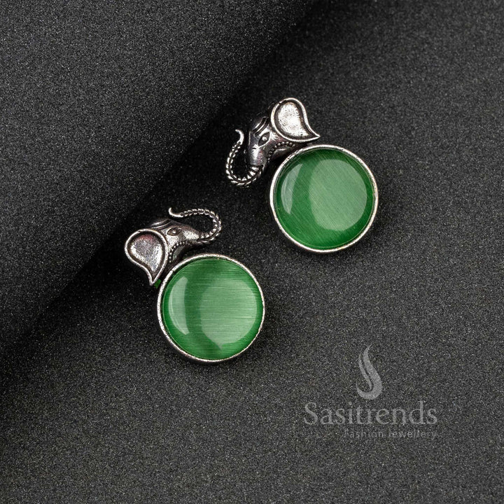 Delicate Light Green Oxidised Silver Elephant Earrings With Floral Carving And Monalisa Shine – A Light Traditional Jewellery Addition - Sasitrends