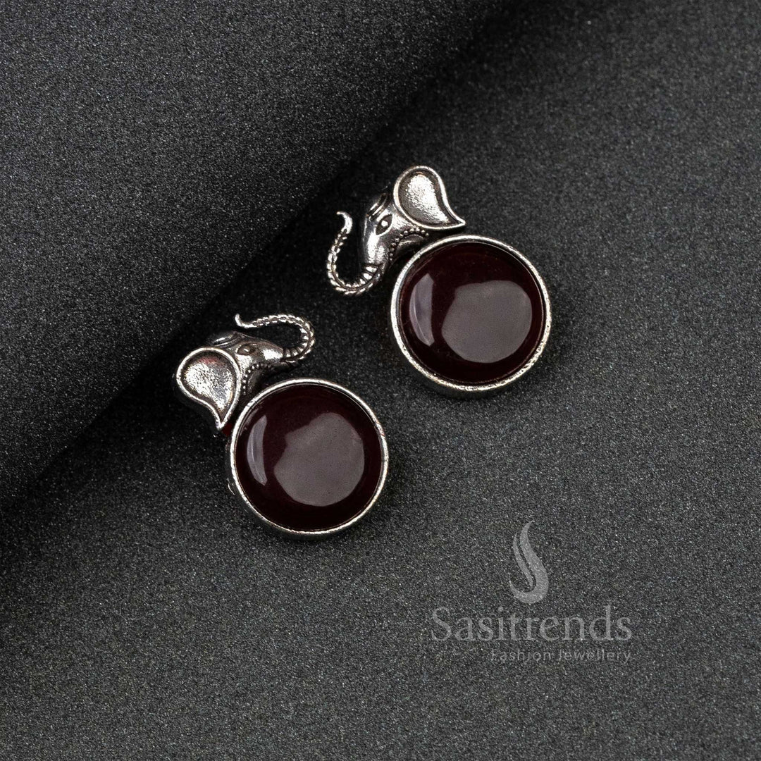 Opulent Vinous Oxidised Silver Elephant Designer Earrings Featuring Radiant Monalisa Stones – A Traditional Festive Jewellery Showpiece - Sasitrends