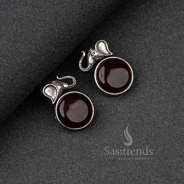 Opulent Vinous Oxidised Silver Elephant Designer Earrings Featuring Radiant Monalisa Stones – A Traditional Festive Jewellery Showpiece - Sasitrends