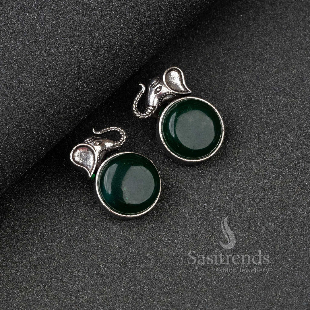 Regal Dark Green Oxidised Silver Elephant Earrings With Intricate Craft And Glowing Monalisa – A Heritage Inspired Jewellery Choice - Sasitrends