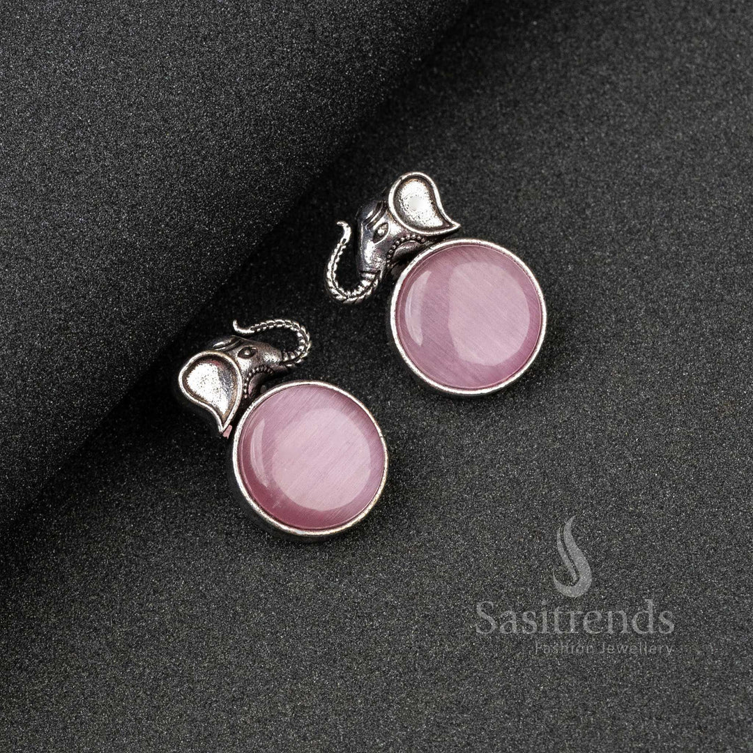 Romantic Pink Oxidised Silver Elephant Designer Earrings Embellished With Artistic Monalisa Stones – A Feminine Fusion Jewellery Choice - Sasitrends