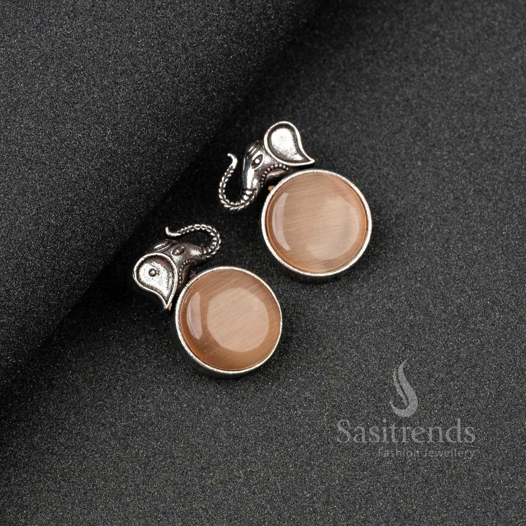 Soft Peach Oxidised Silver Elephant Designer Earrings With Dainty Monalisa Stones – An Elegant Ethnic Jewellery Look - Sasitrends