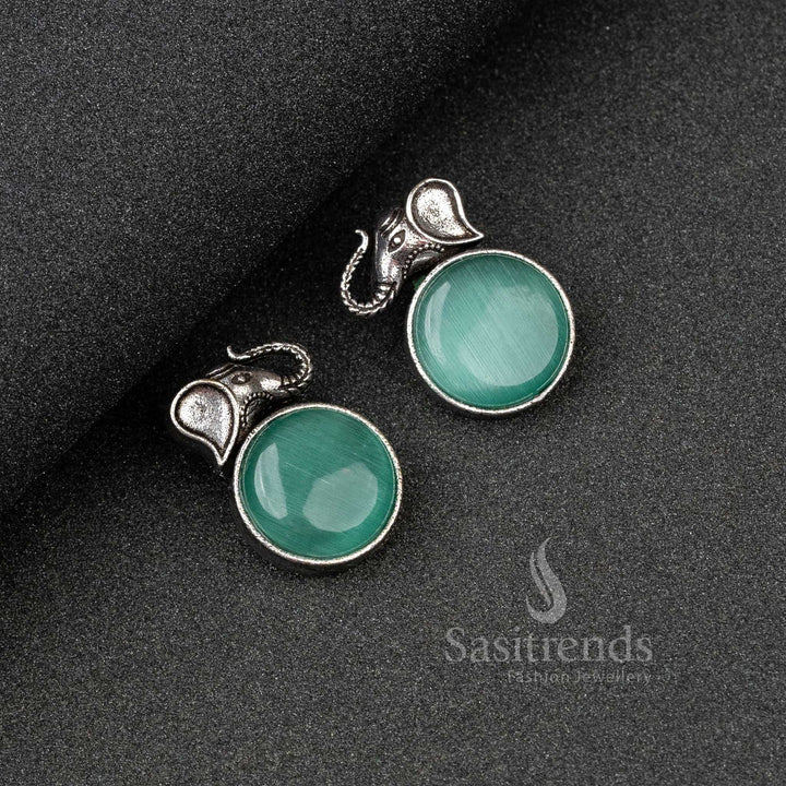 Stylish Mint Oxidised Silver Elephant Earrings With Monalisa Glow And Vintage Finish – A Boho Chic Jewellery Statement - Sasitrends