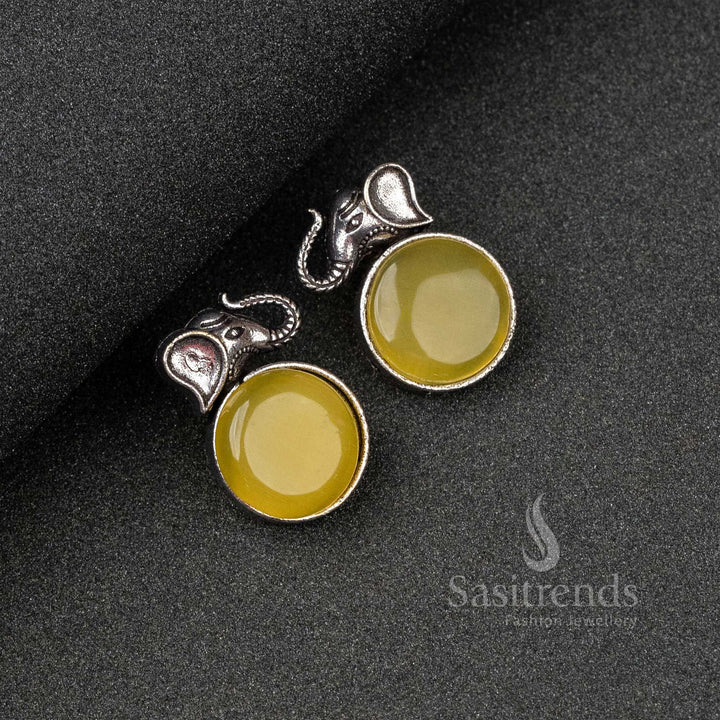Sunny Yellow Oxidised Silver Elephant Earrings Highlighted By Carved Detailing And Monalisa Sparkle – A Bright Tribal Jewellery Accent - Sasitrends