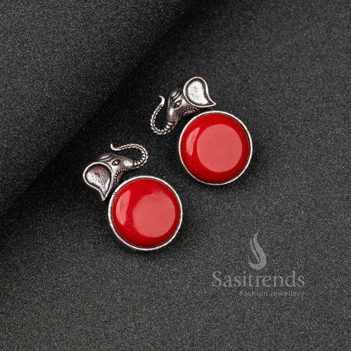 Vibrant Red Oxidised Silver Elephant Design Earrings Featuring Monalisa Stones – A Bold Celebration Traditional Jewellery Pick - Sasitrends
