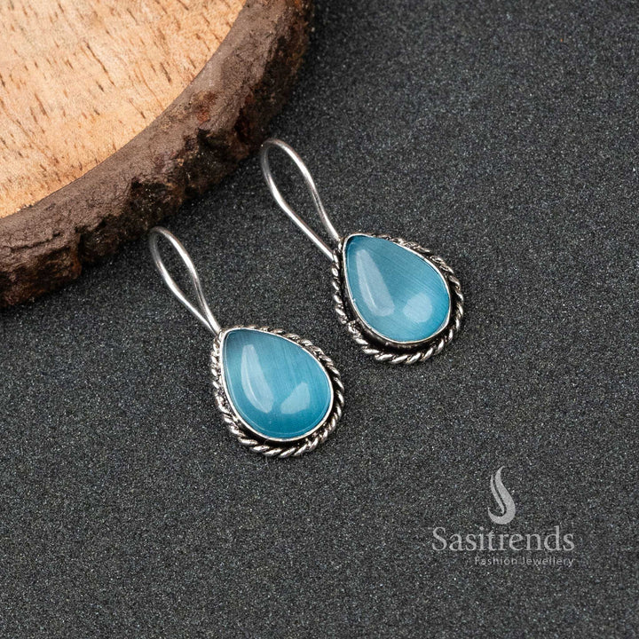 Sasitrends | Elegant Oxidised Silver Water Drop Monalisa Stones Earrings