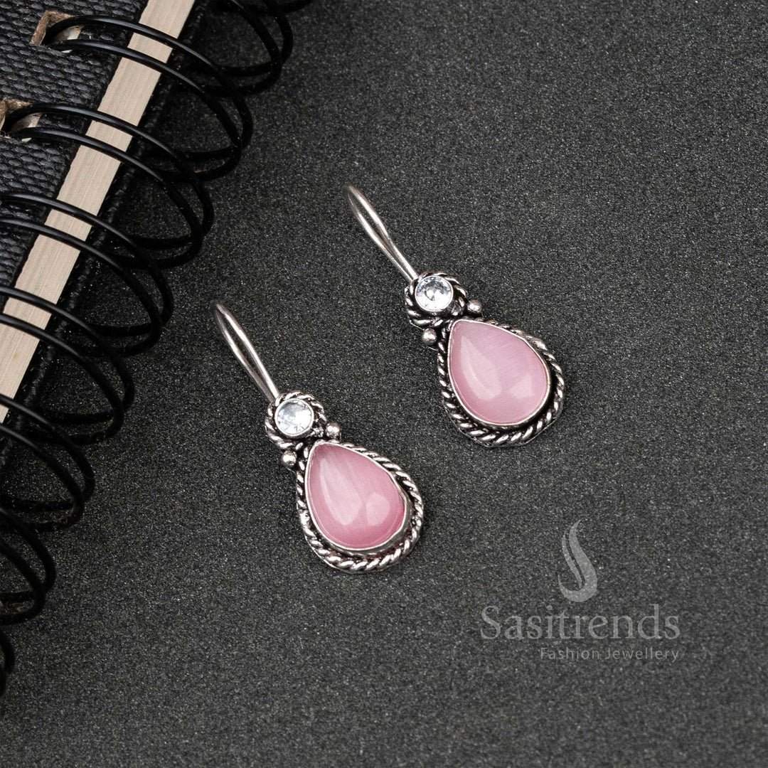 Romantic Pink Oxidised Silver Water Drop Earrings With Luminous Monalisa And AD Stones – A Feminine Elegance Jewellery Design - Sasitrends