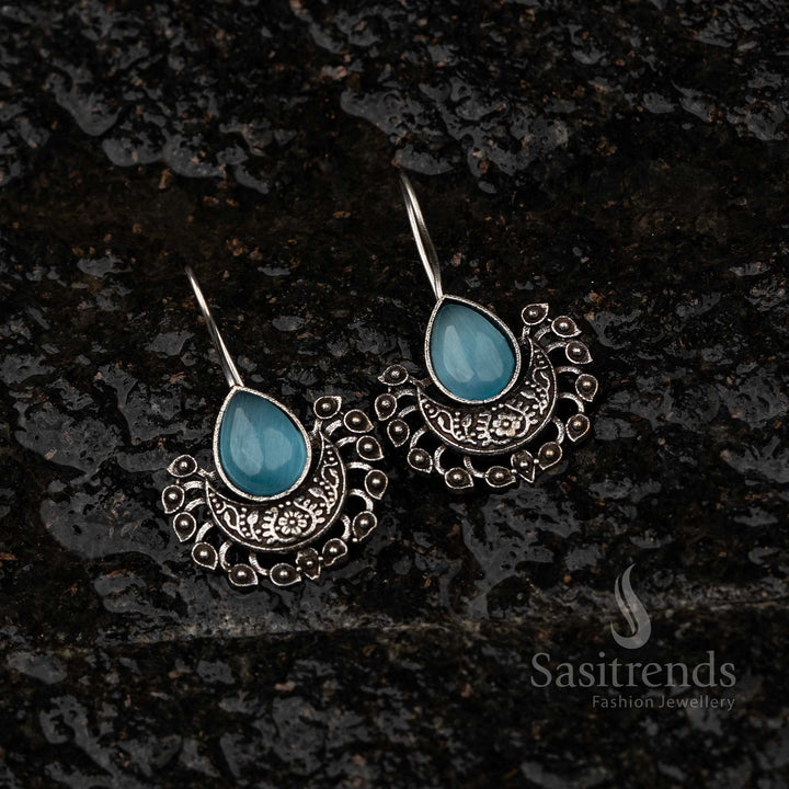 Boho Chic Fish Hook Oxidised Earrings with Multicolor Stones - Sasitrends