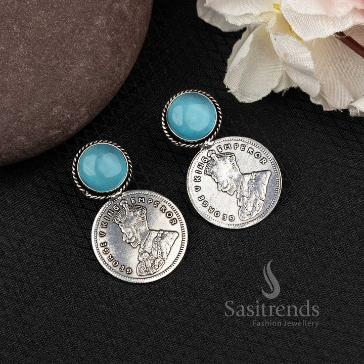 Aqua Blue Oxidised George V Coin Earrings With Monalisa Stone – A Vintage Inspired Boho Jewellery Pair With Regal Flair - Sasitrends