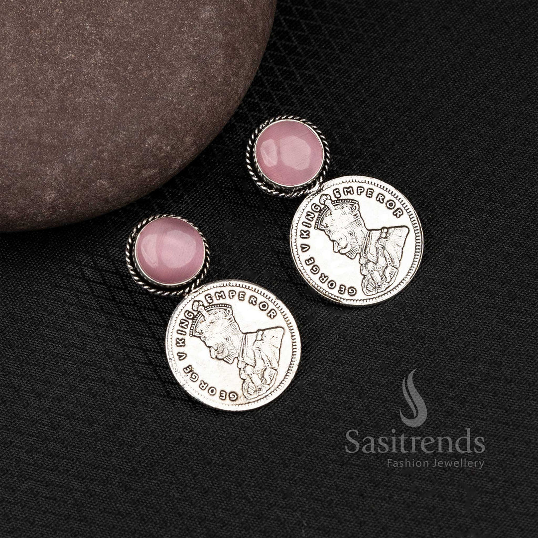 Chic Pink Oxidised Coin Earrings With George V Carving And Monalisa Gem – A Royal Fusion Jewellery Design For Ethnic Glam - Sasitrends