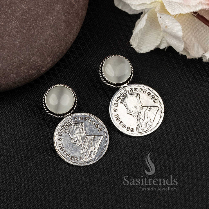 Grey Elegance In George V Coin Oxidised Earrings With Monalisa Stone – Classic Royal Jewellery For Timeless Beauty - Sasitrends