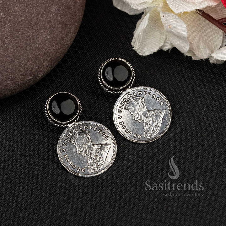 Majestic Black Oxidised George V Coin Earrings With Monalisa Stone – A Royal Statement Jewellery Piece With Vintage Grandeur - Sasitrends