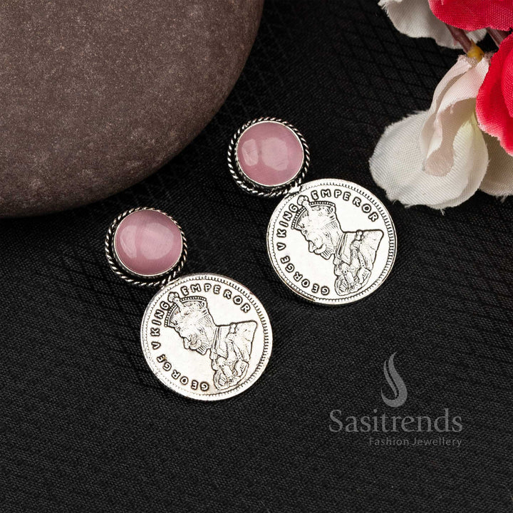 Chic Pink Oxidised Coin Earrings With George V Carving And Monalisa Gem – A Royal Fusion Jewellery Design For Ethnic Glam - Sasitrends