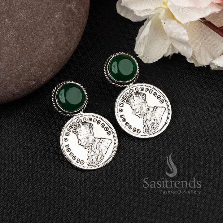 Royal Dark Green Oxidised George V Coin Earrings With Monalisa Stone – A Vintage Temple Jewellery Pair With Ethnic Richness - Sasitrends