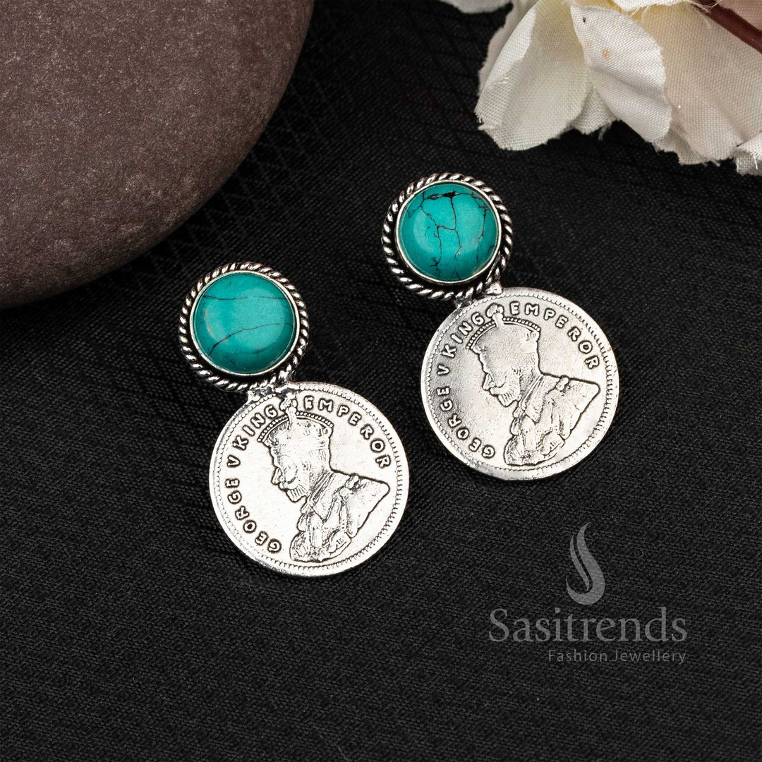 Turquoise Elegance In George V Coin Earrings With Oxidised Finish And Monalisa Stone – Earthy Vintage Jewellery Style - Sasitrends