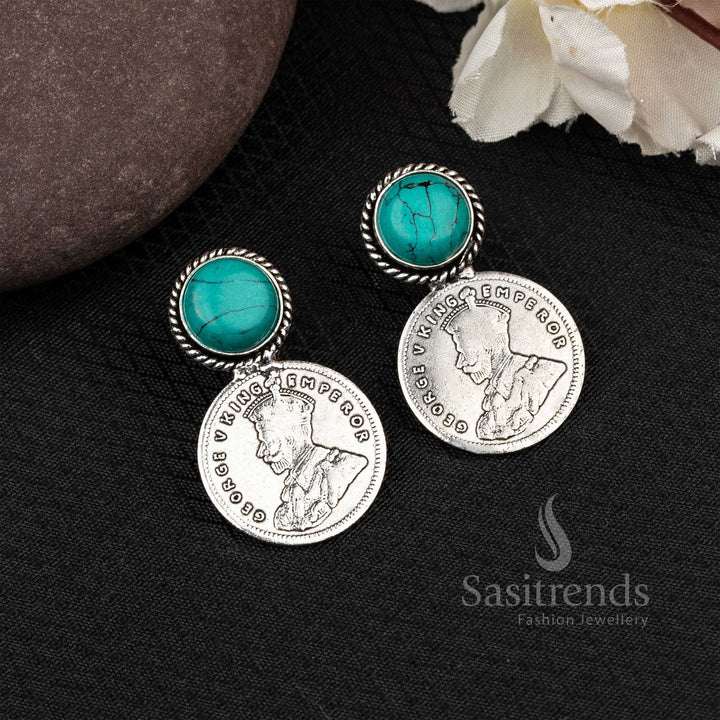 Turquoise Elegance In George V Coin Earrings With Oxidised Finish And Monalisa Stone – Earthy Vintage Jewellery Style - Sasitrends