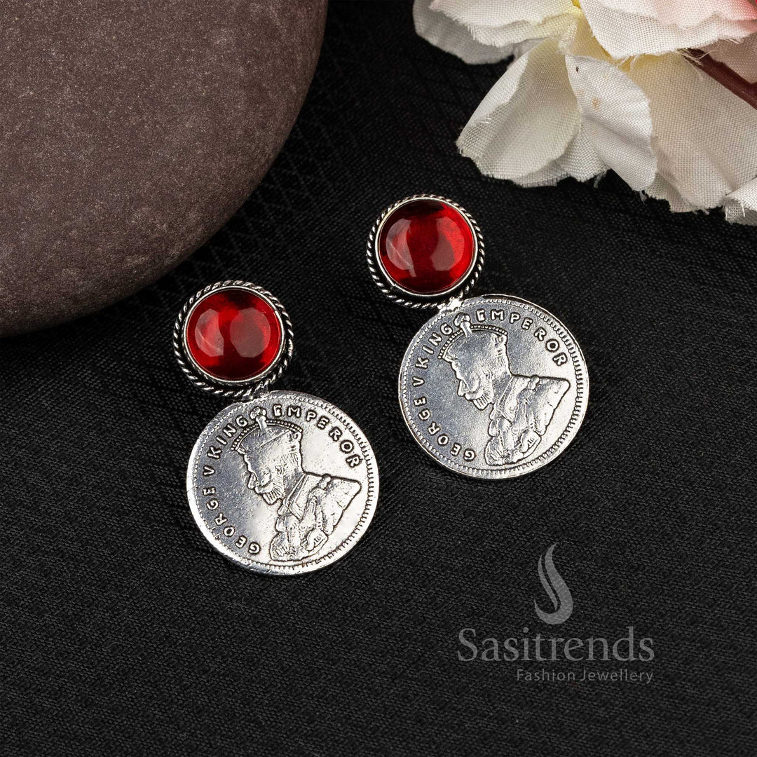 Vinous Luxury Oxidised Coin Earrings With George V Motif And Monalisa Stone – A Regal Finish Jewellery Choice For Cultural Celebrations - Sasitrends