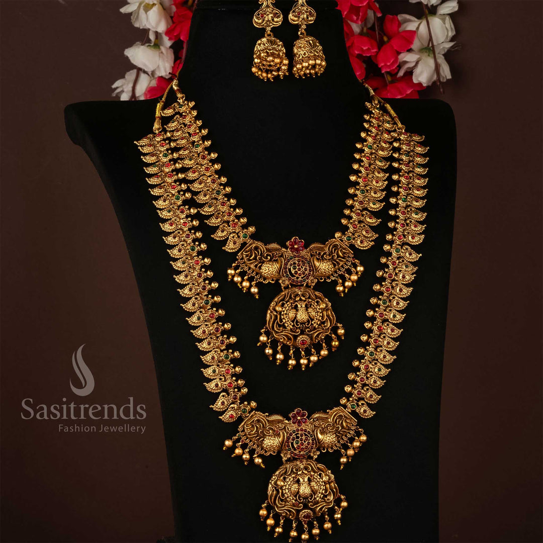 Classic matte gold traditional necklace set adorned with intricate peacock motifs and matching jhumka earrings, inspired by South Indian temple jewellery – a graceful choice for festive and bridal occasions – Sasitrends