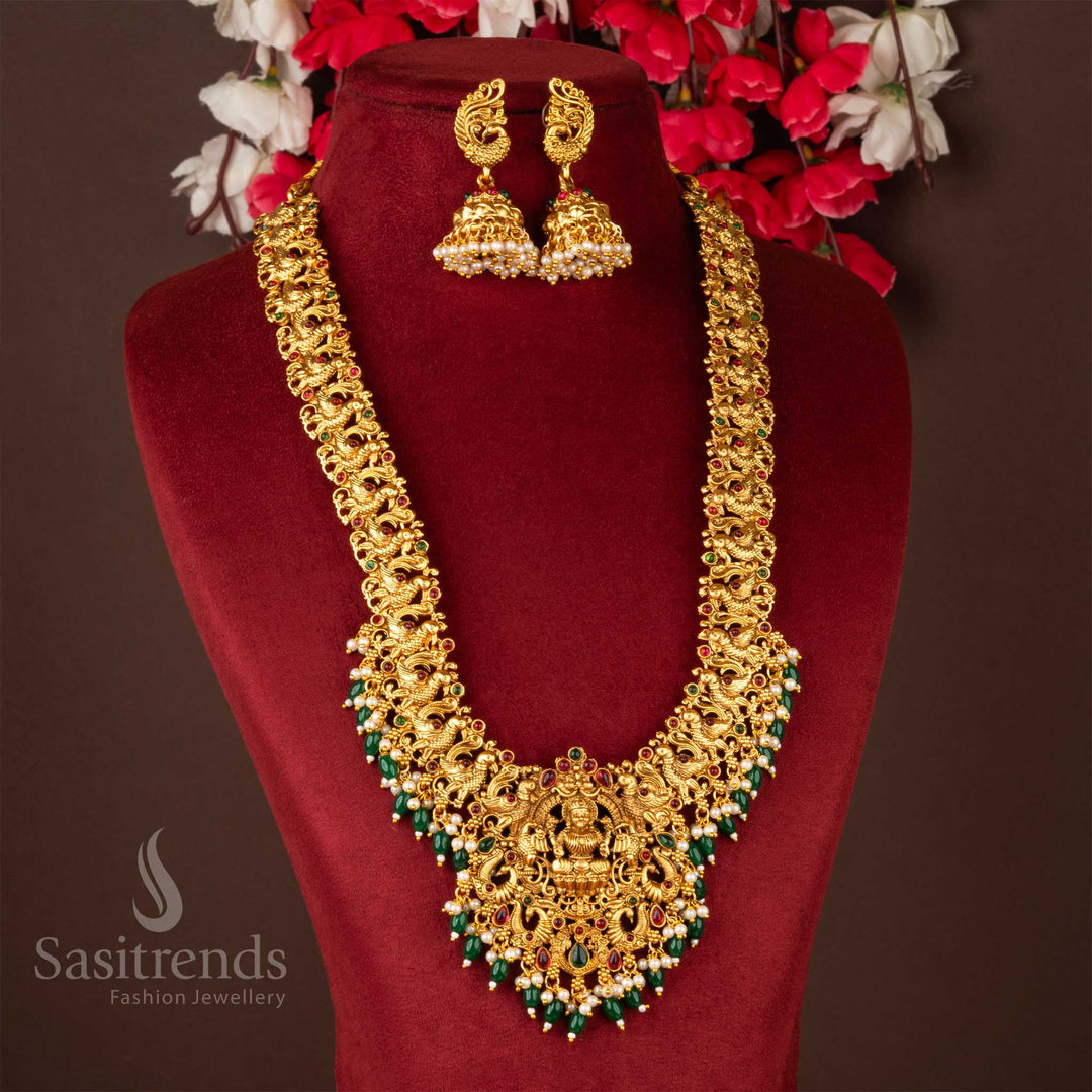 Peacock Lakshmi Pendant Long Necklace Set with Jhumka Earrings - Traditional Indian Jewellery - Sasitrends