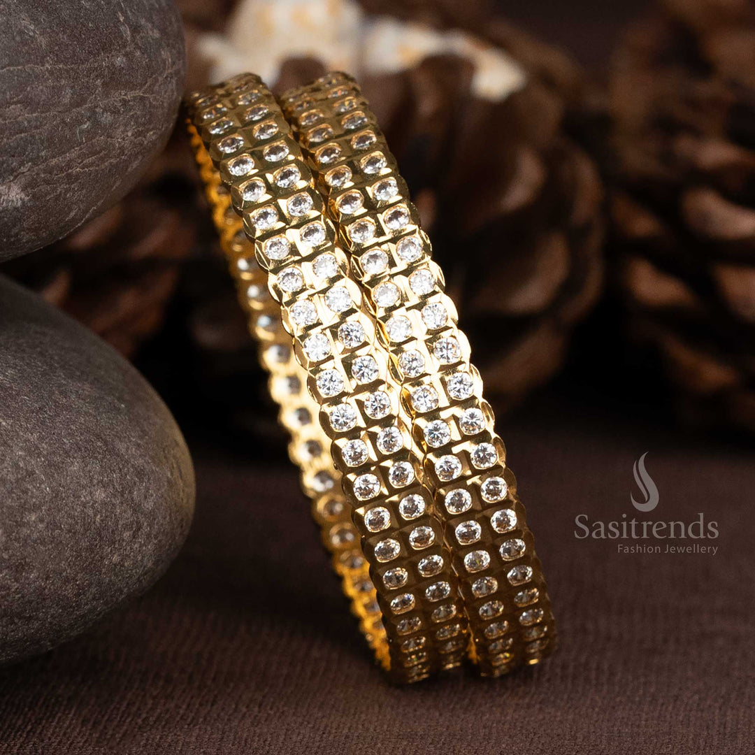 Traditional Micro Gold Plated White  American Diamond Stone Studded Bangles - Sasitrends