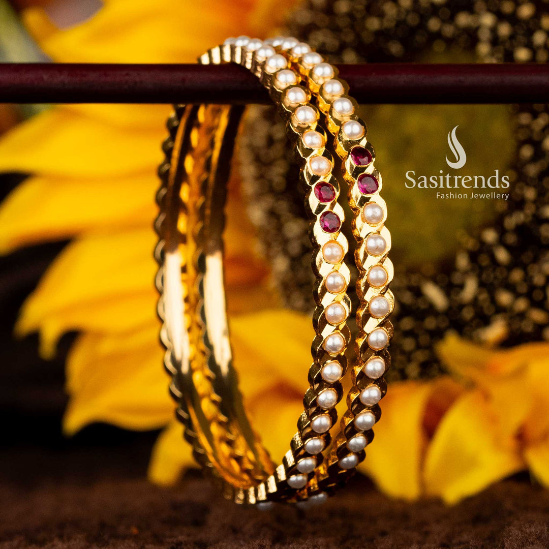 Traditional Addigai bangle with pearl and ruby, spaced design - Sasitrends