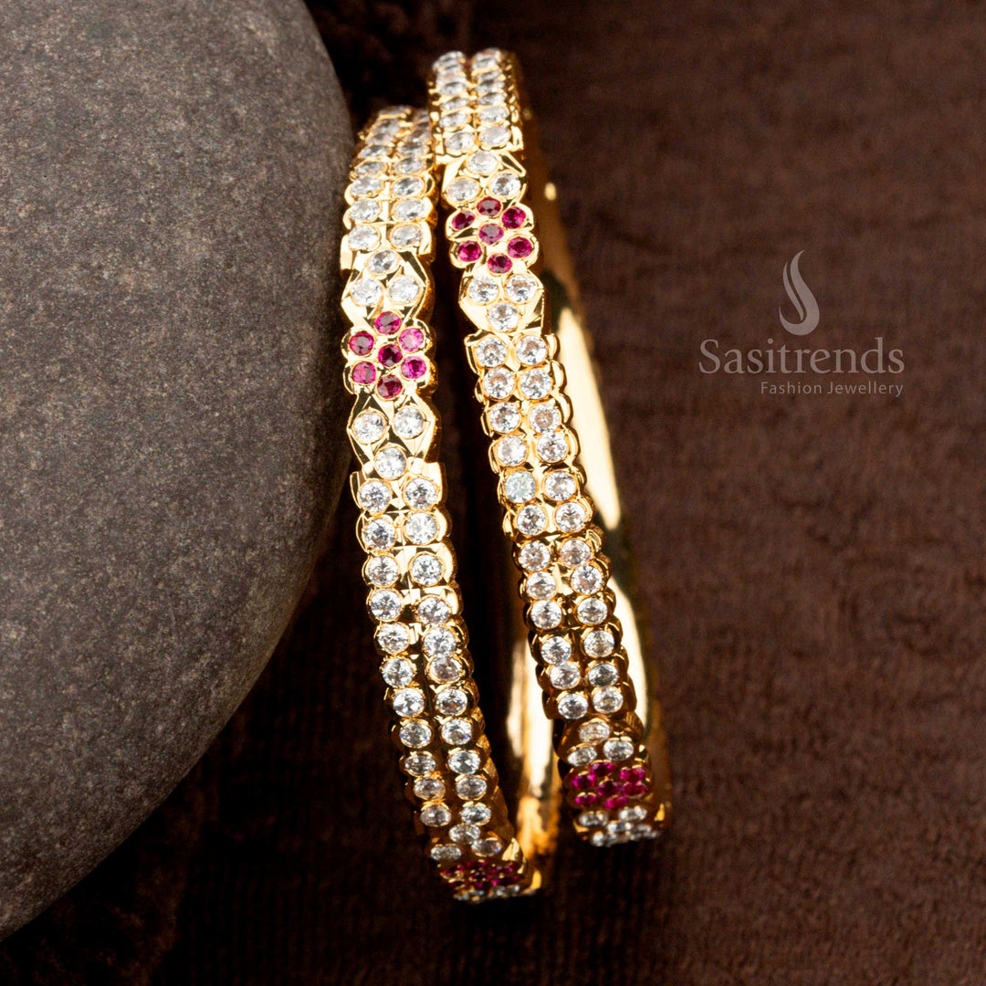 Luxury Impon Adigai bangles with gold plating and American Diamond embellishments, guaranteed real-gold-like finish - Sasitrends