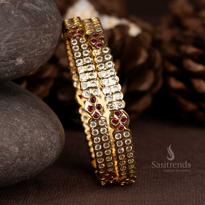 Amazing Micro Gold Plated Impon Addigai Bangles with Dual Row AD Stones and Floral Center Accent - Sasitrends