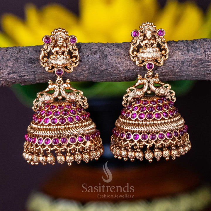 Traditional Wear Premium Matt Gold Plated Lakshmi Peacock Designer Kemp Stone Earrings - Sasitrends