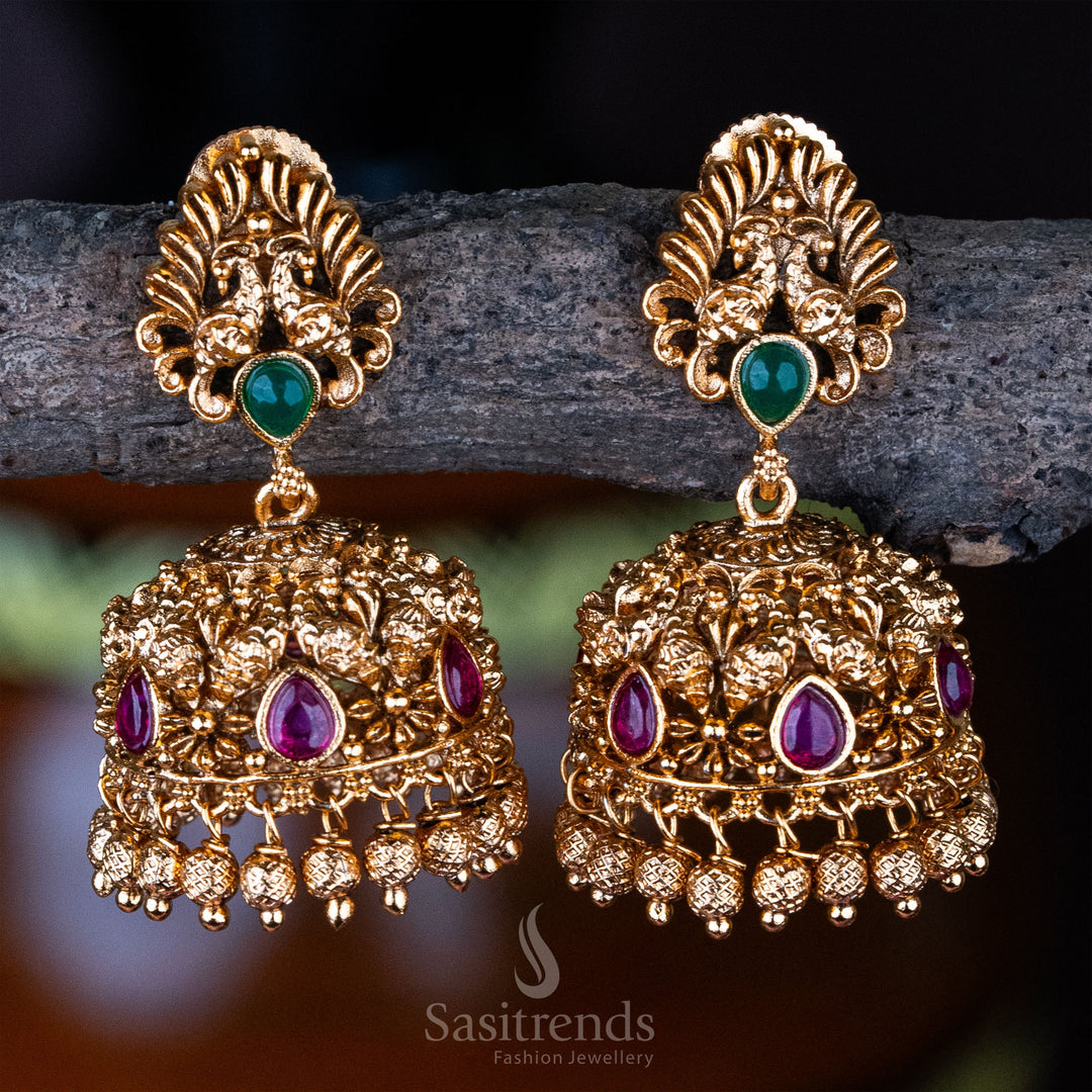 Traditional Wear Premium Matt Gold Plated Peacock Designer Kemp Stone Small Jhumka Earrings - Sasitrends