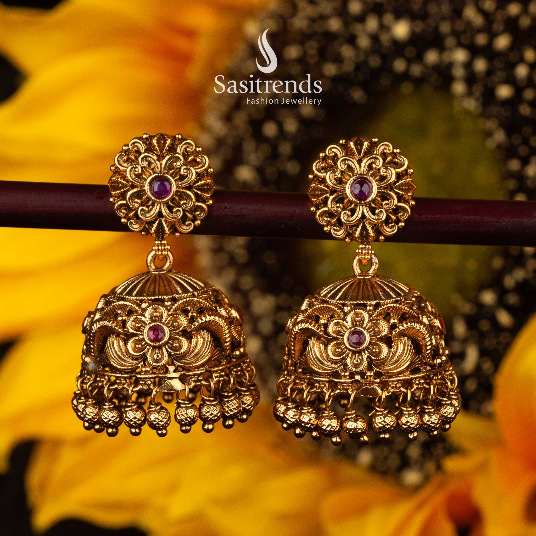 Stunning Ruby Ruby-Green Temple Matte Gold Jhumka Earrings with Floral Design Ideal for Weddings Special Occasions Sasitrends