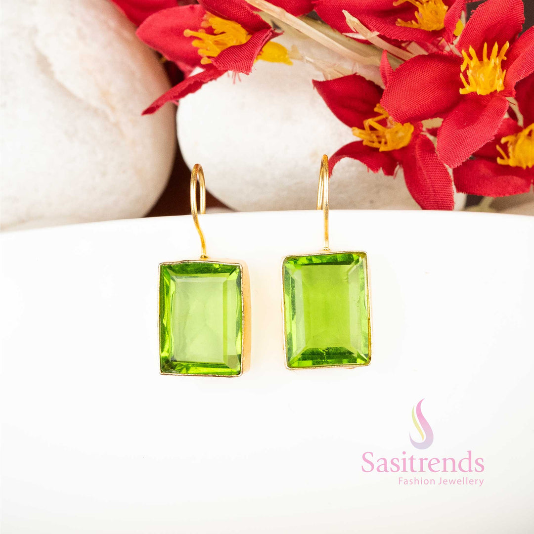 Attractive Gold Plated Fish Hook Rectangular Green Stone Studded Earrings Sasitrends