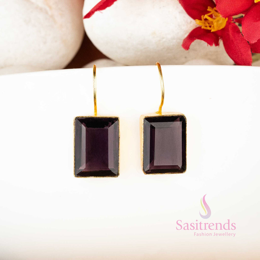 Elegant Gold Plated Fish Hook Rectangular Violet Stone Studded Earrings Sasitrends