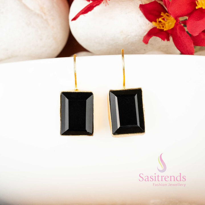 Office Wear Gold Plated Fish Hook Rectangular Black Stone Studded Earrings Sasitrends