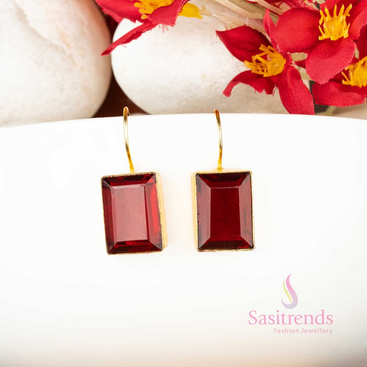 Stylish Gold Plated Fish Hook Rectangular Maroon Stone Studded Earrings