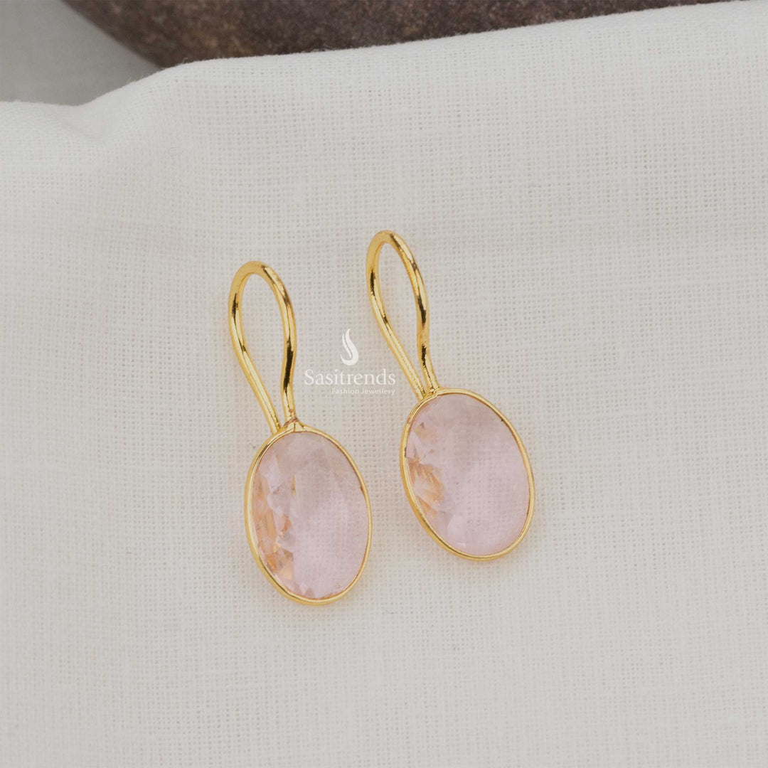 Soft Baby Pink Oval Gold Plated Earrings, Elegant Casual Style
