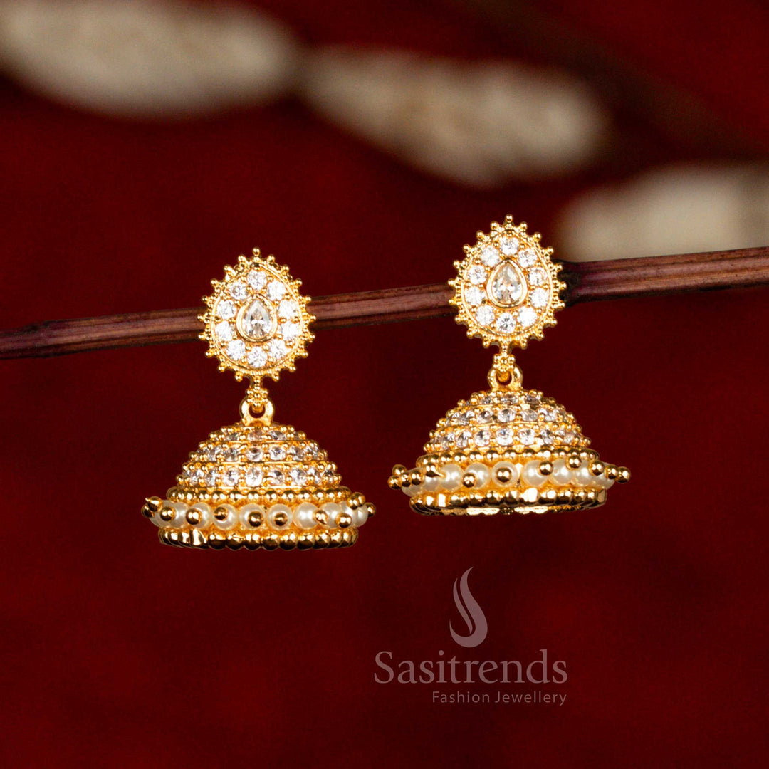 Timeless Elegance: Micro Gold Plated AD Stone Pearl Jhumka Earrings- Sasitrends - Sasitrends