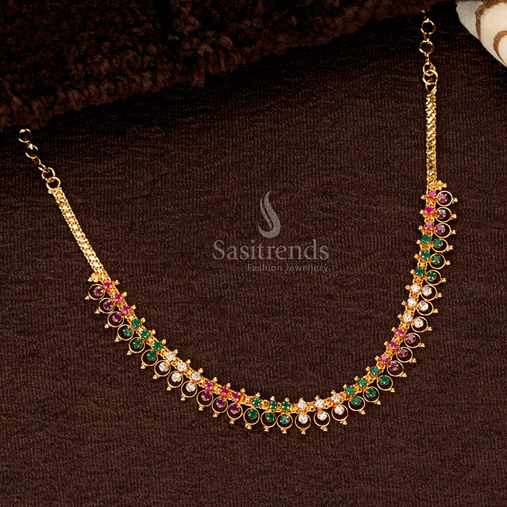 Traditional Micro Gold Plated Necklace, Multi-Row Circular Stone with Hanging Bead Design – Sasitrends