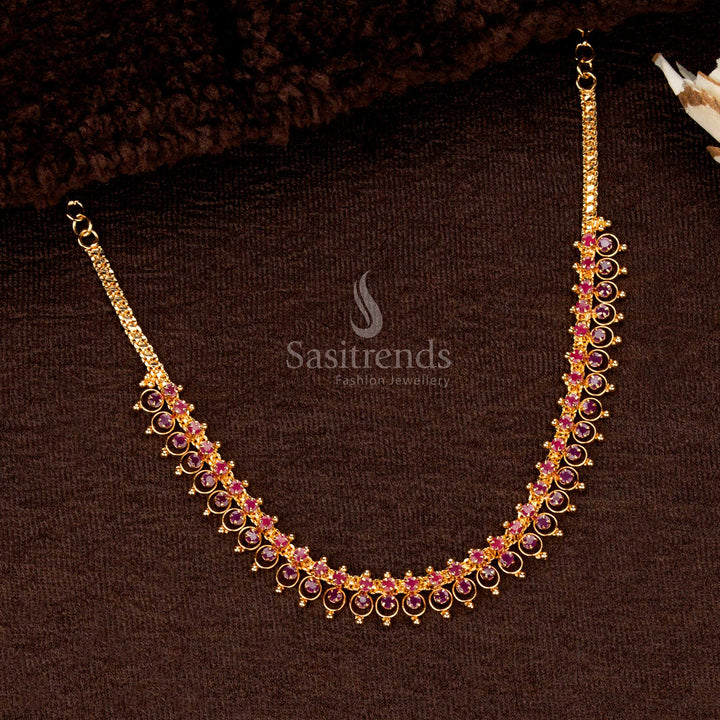 Micro Gold Plated Traditional Layered Stone Necklace – One Gram Jewellery, Circular Stone Pattern with Hanging Beads – Sasitrends