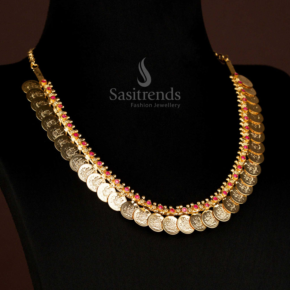 Guaranteed One Gram Micro gold Plated AD Stone Short lakshmi Coin Necklace - Sasitrends