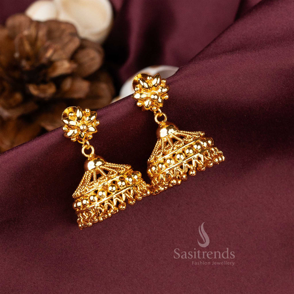 Classic ornamental heritage micro gold plated Kerala traditional jhumkas featuring intricate gold carving and cultural elegance - Sasitrends