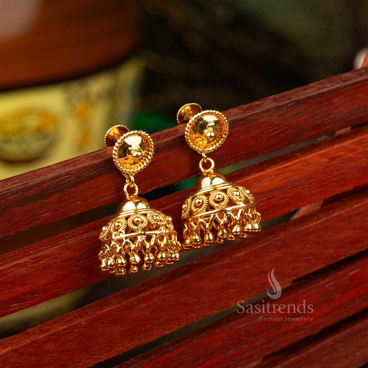 Sophisticated graceful polished micro gold plated Kerala style wedding jhumkas radiating bridal beauty and grandeur - Sasitrends