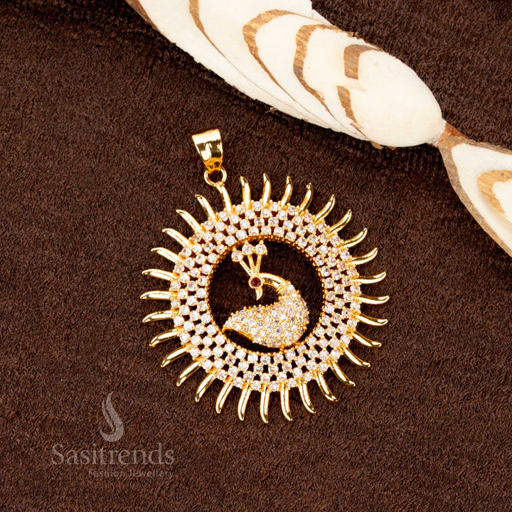 Grandeur Micro Gold Plated White AD Stone Studded Peacock Pendant – Traditional Festive Ethnic Elegant Jewellery with Dual Hook Holes for Easy Attachment - Sasitrends