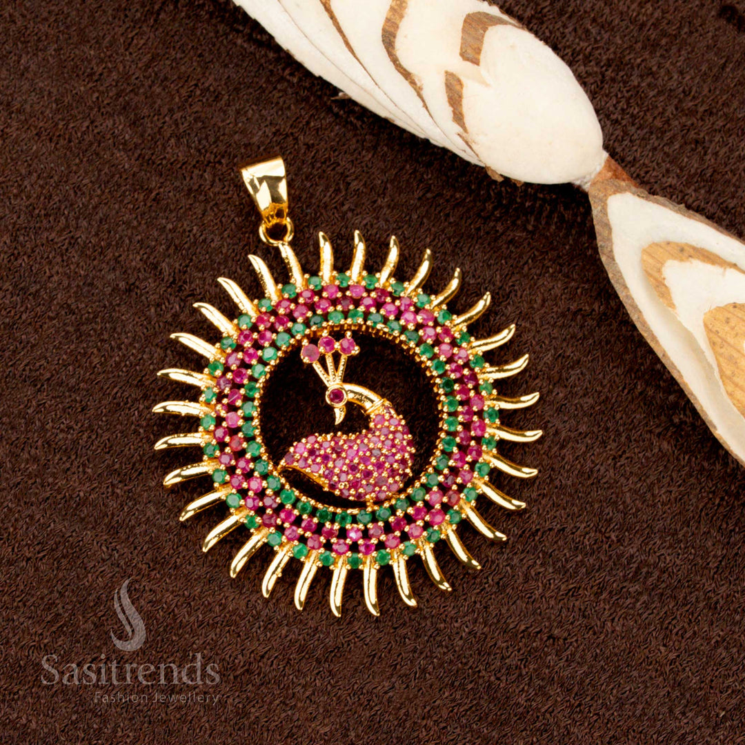 Majestic Micro Gold Plated Ruby Green AD Stone Studded Peacock Pendant – Traditional Designer Glamorous Opulent Jewellery with Dual Hook Holes for Easy Attachment - Sasitrends