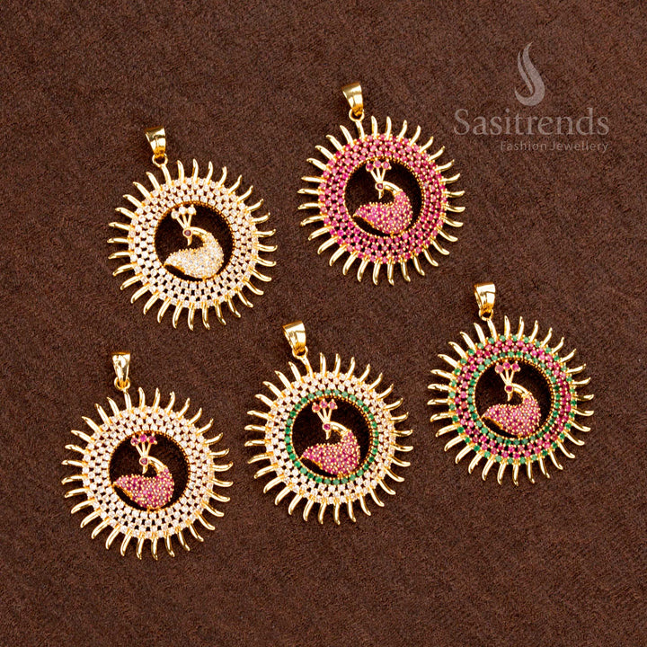 Micro Gold Plated AD Stone Studded Peacock Pendant – Extravagant Luxury Chic Stunning Jewellery with Dual Hook Holes for Easy Attachment - Sasitrends