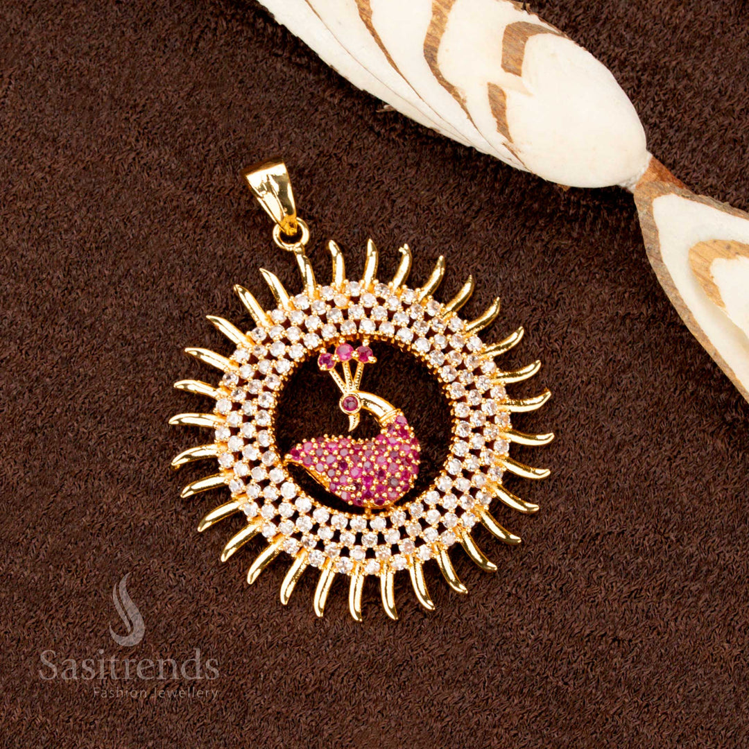 Regal Micro Gold Plated White Ruby AD Stone Studded Peacock Pendant – Vintage Classic Artistic Fancy Jewellery with Dual Hook Holes for Easy Attachment - Sasitrends