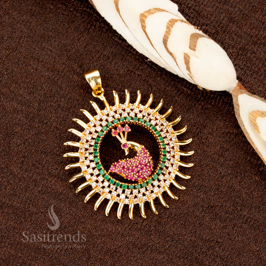 Royal Micro Gold Plated Multi AD Stone Studded Peacock Pendant – Extravagant Luxury Chic Stunning Jewellery with Dual Hook Holes for Easy Attachment - Sasitrends