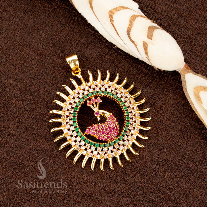 Royal Micro Gold Plated Multi AD Stone Studded Peacock Pendant – Extravagant Luxury Chic Stunning Jewellery with Dual Hook Holes for Easy Attachment - Sasitrends